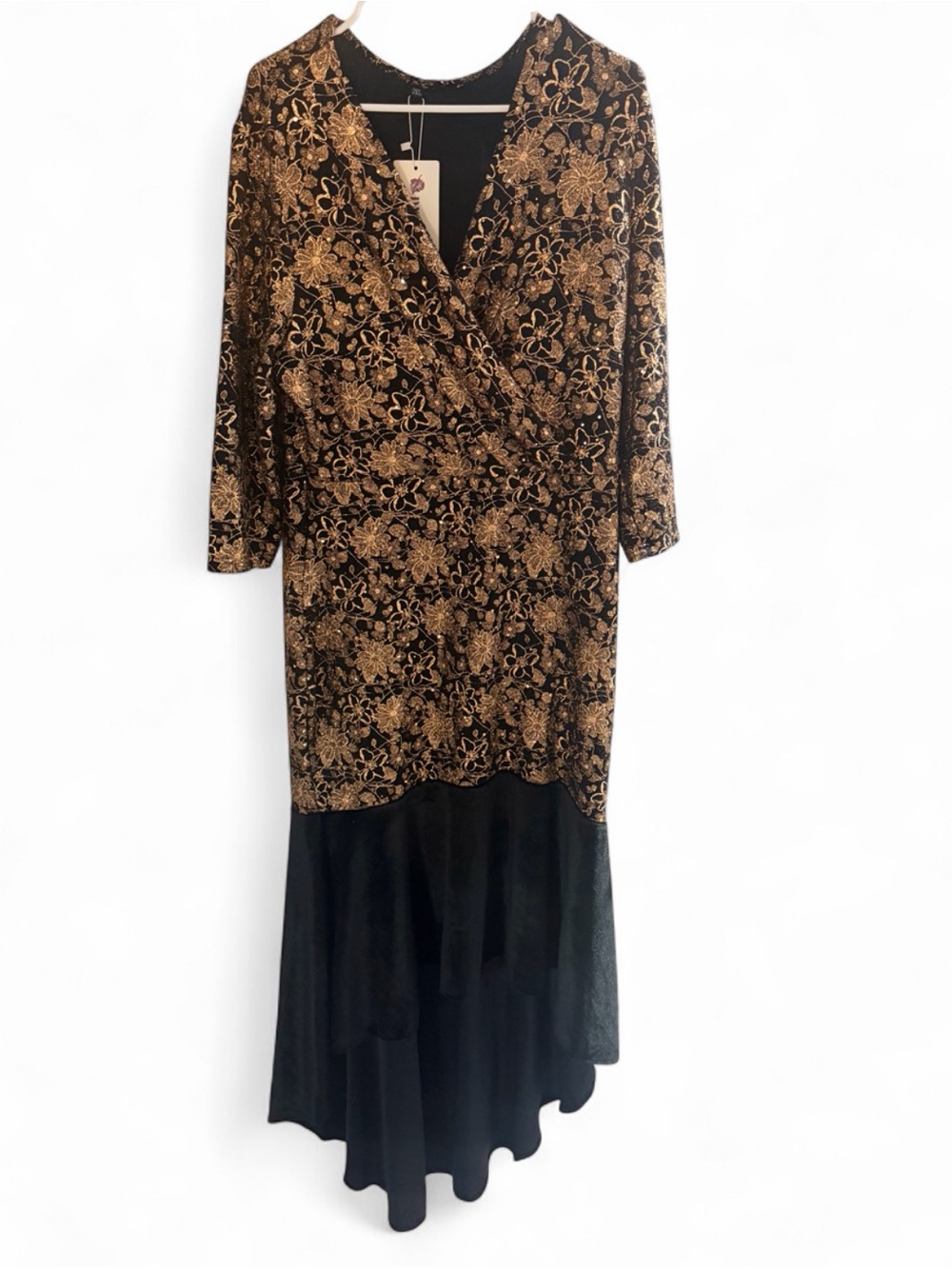 Black and Gold Floral Wrap High-Low Mermaid Cut Dress